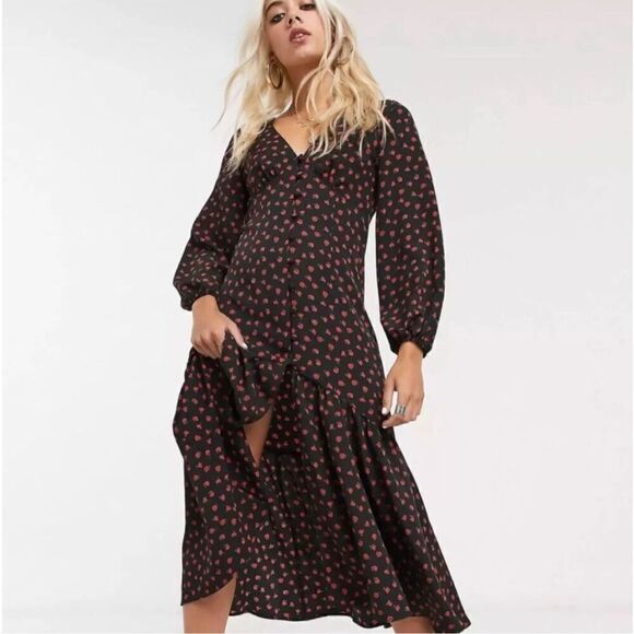 NWT TOPSHOP Ditzy Rose Button Front Midi Prairie Dress Women’s 8 Black Red - Picture 1 of 13